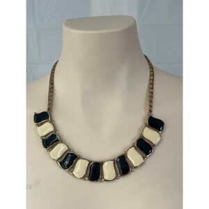 Vintage Black Cream Enamel Gold Tone Wave Link Collar Statement Necklace